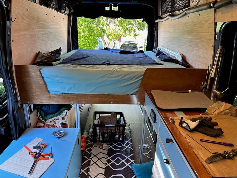 The interior of our converted Ford Transit camper van